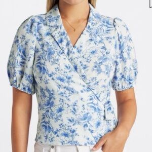 Violets & Roses Stitch Fix Oprah Short Sleeve Wrap Blouse, Blue White Floral, 2X
